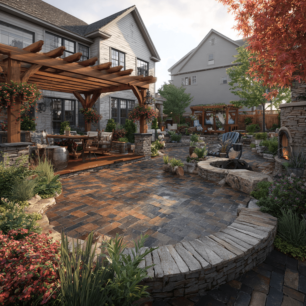 Beautiful outdoor living space with professional hardscaping and landscaping