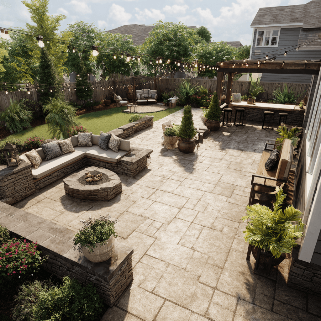 Premium outdoor kitchen with natural stone construction and fire features