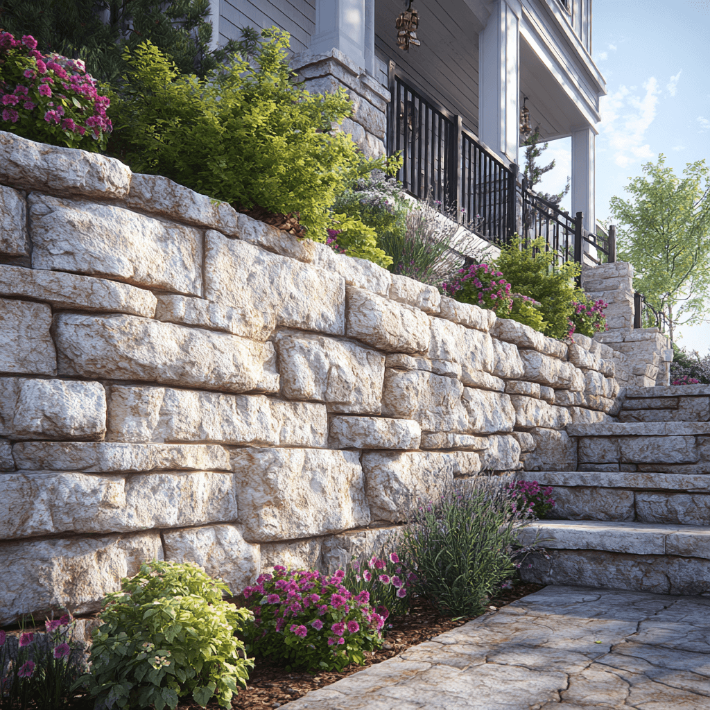 Professional segmental retaining wall construction with natural stone