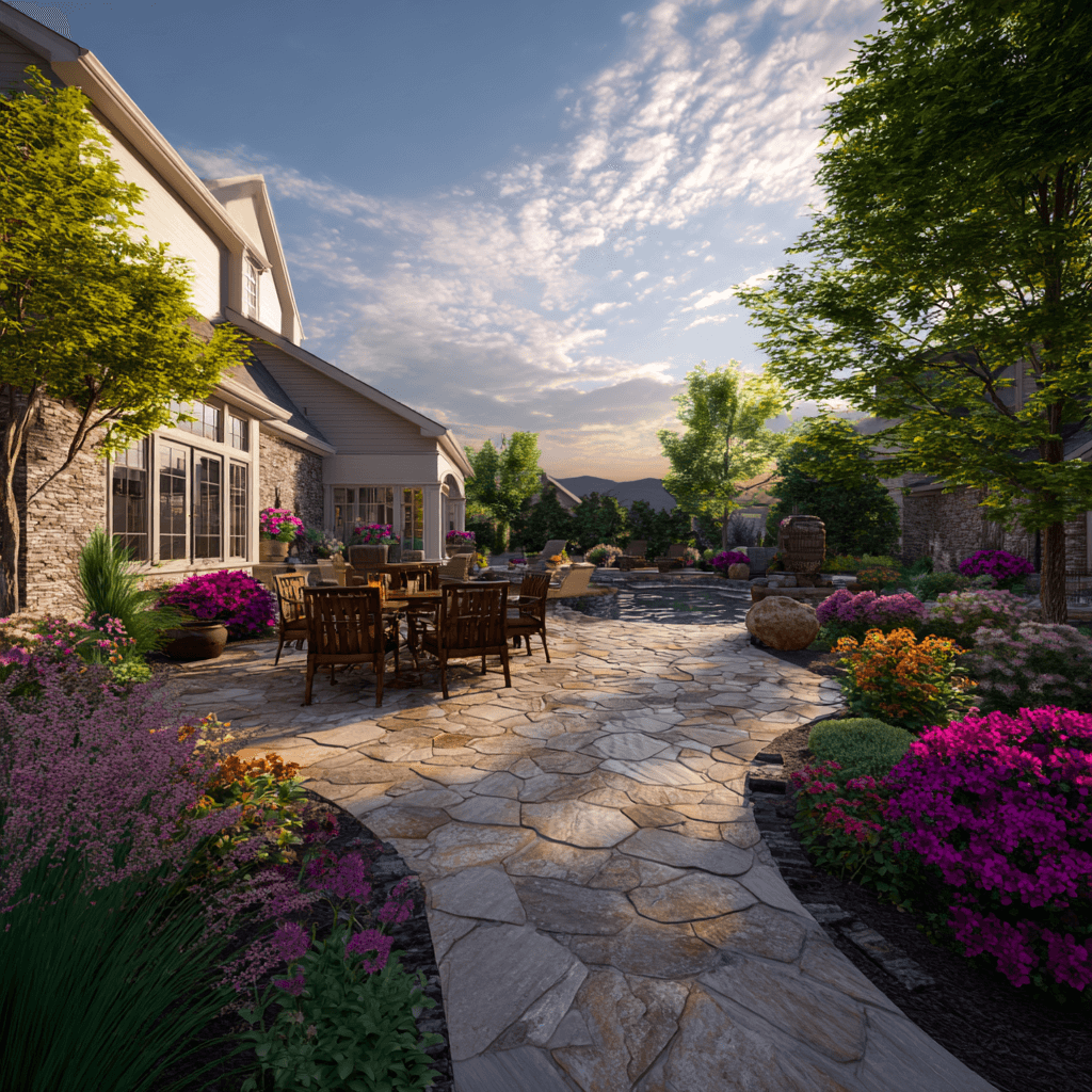 Beautiful natural stone patio with integrated fire pit and ambient lighting